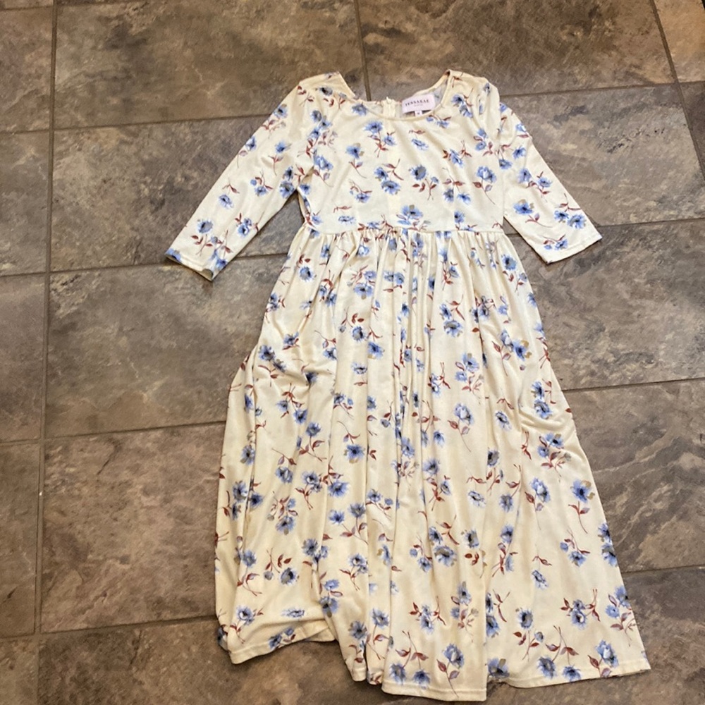 Light Yellow and Blue Flower Midi Dress